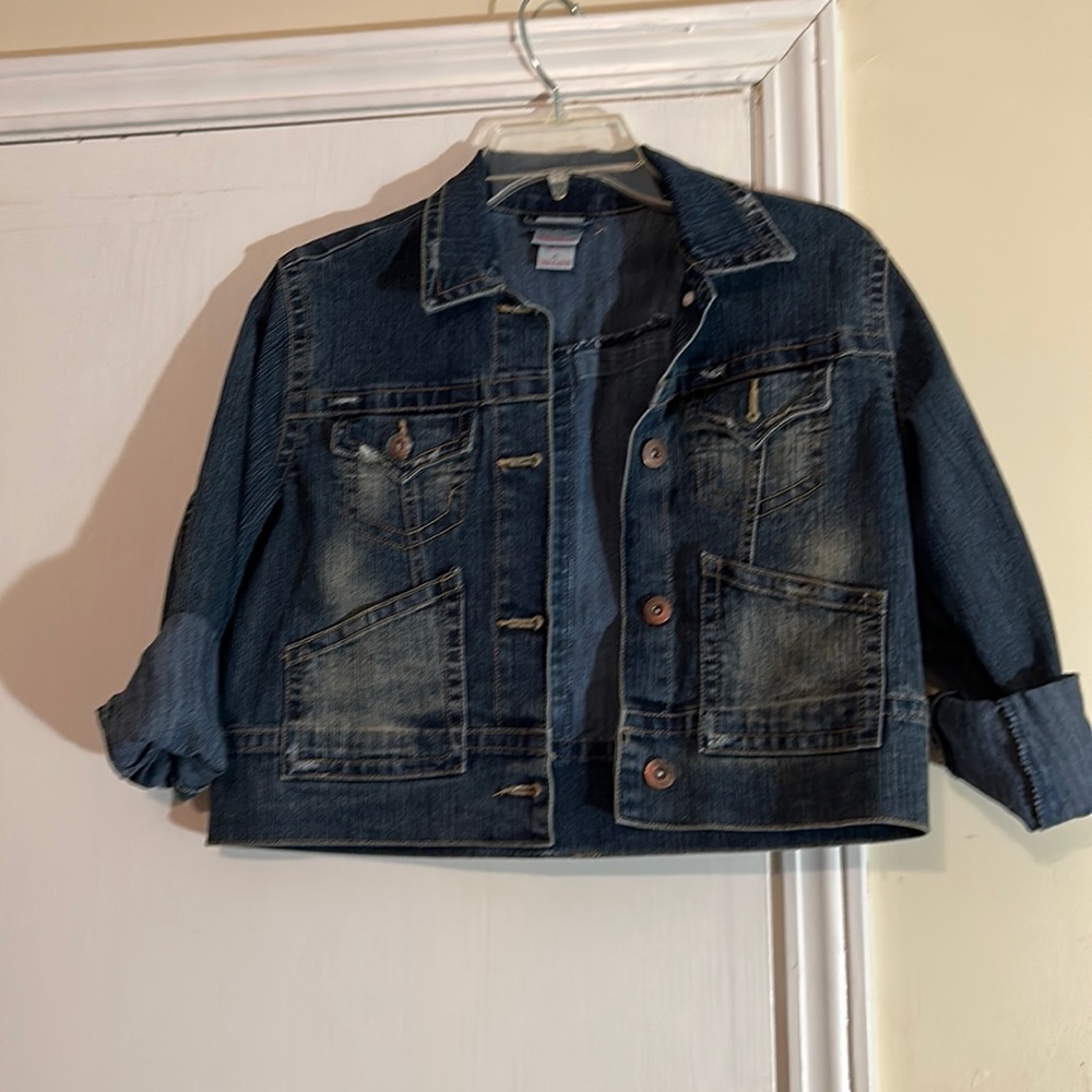 Vintage Xhilaration Junior Girls Distressed Blue Denim Jacket Size XL